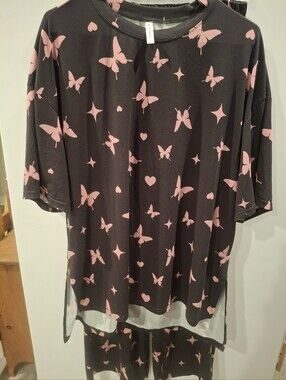 Womens Black Butterfly Print Shirt - Pink Motif PJ Set